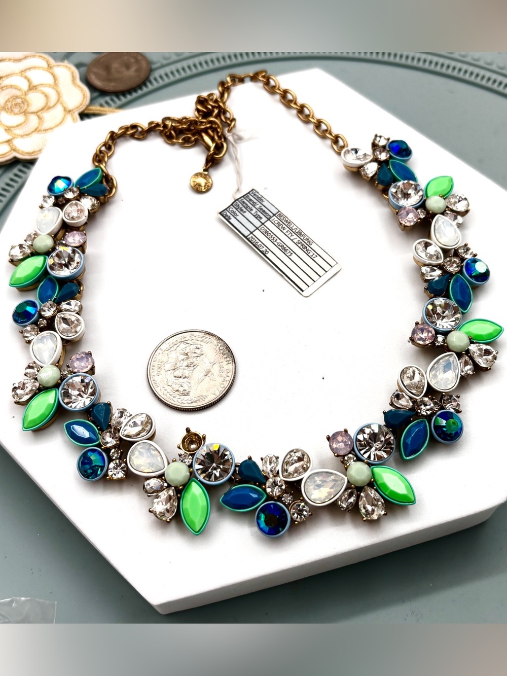 J.Crew vintage Gold tone Resin & crystal flower statement necklace